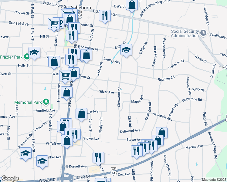 map of restaurants, bars, coffee shops, grocery stores, and more near 417 Silver Avenue in Asheboro