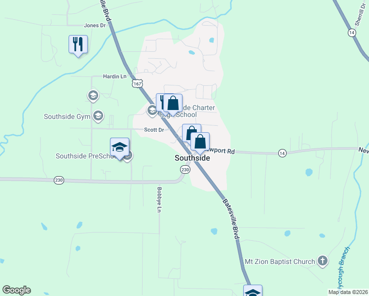 map of restaurants, bars, coffee shops, grocery stores, and more near in Southside