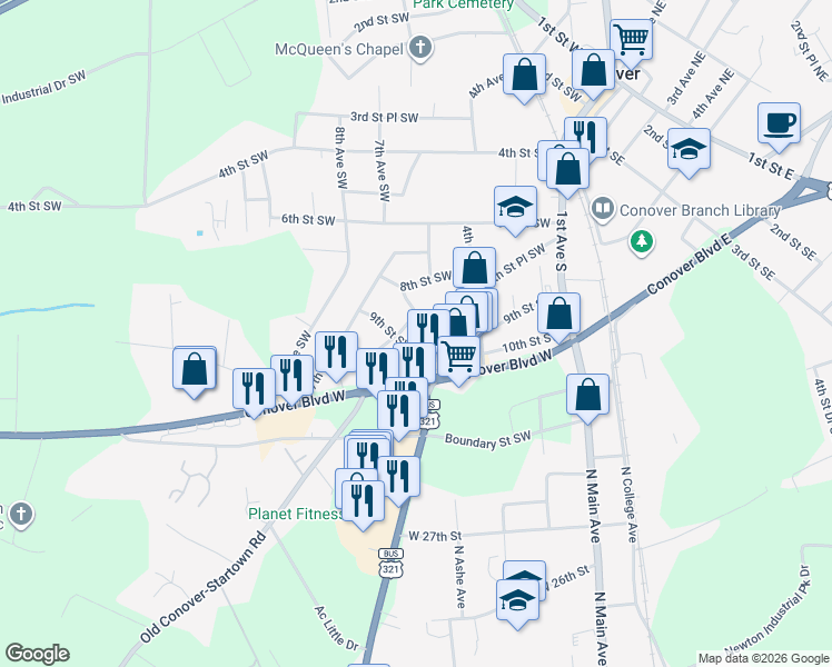 map of restaurants, bars, coffee shops, grocery stores, and more near 808 6th Avenue Southwest in Conover
