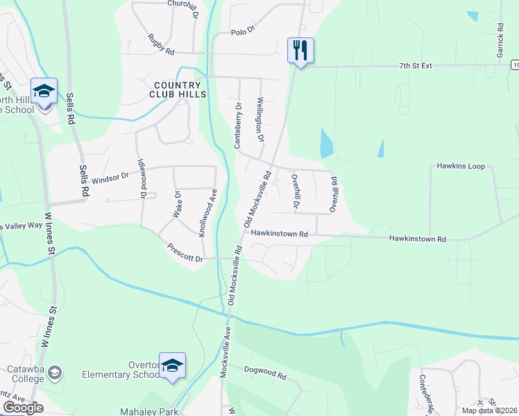 map of restaurants, bars, coffee shops, grocery stores, and more near 1428 Old Mocksville Road in Salisbury