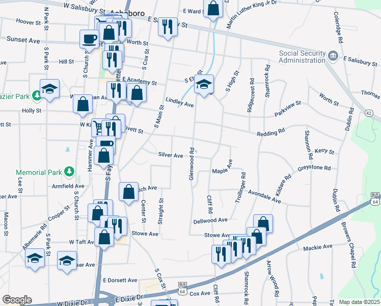 map of restaurants, bars, coffee shops, grocery stores, and more near 417 Silver Avenue in Asheboro