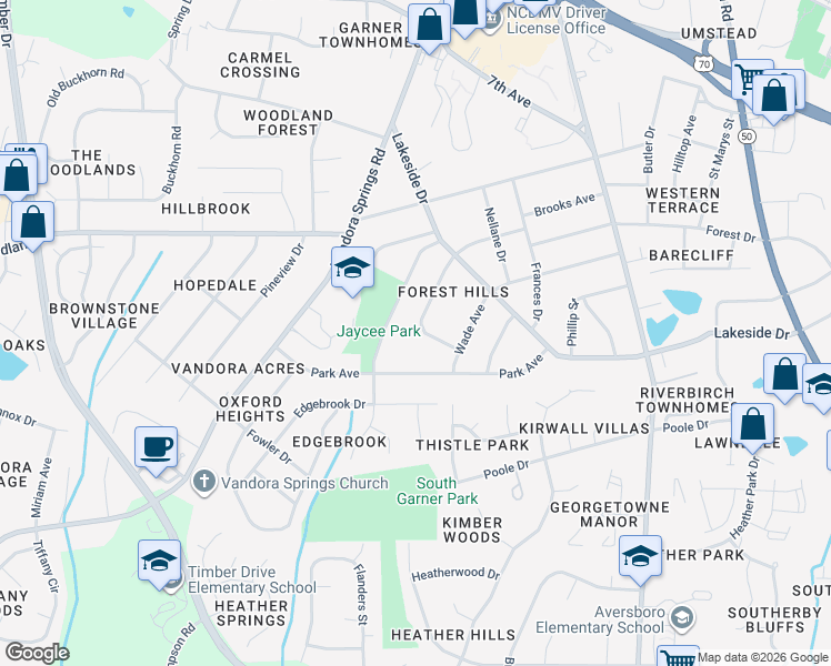 map of restaurants, bars, coffee shops, grocery stores, and more near 1220 Poplar Avenue in Garner