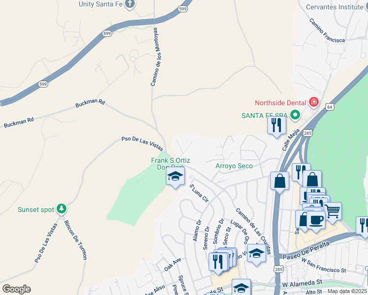 map of restaurants, bars, coffee shops, grocery stores, and more near 408 Graham Avenue in Santa Fe