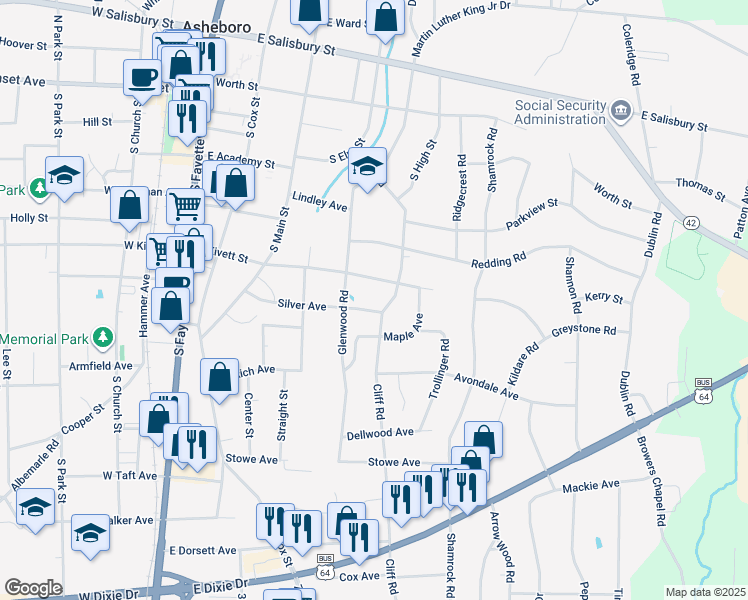 map of restaurants, bars, coffee shops, grocery stores, and more near 503 Silver Avenue in Asheboro