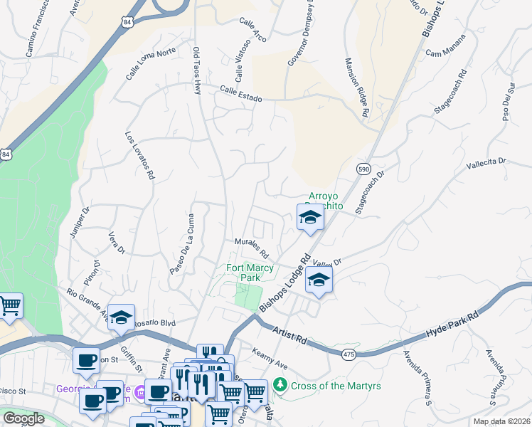 map of restaurants, bars, coffee shops, grocery stores, and more near 258 Camino De La Sierra in Santa Fe