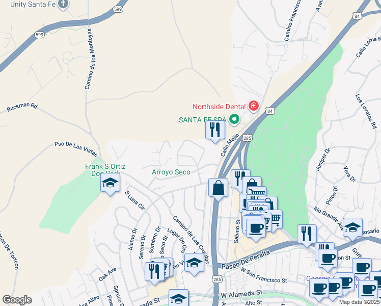 map of restaurants, bars, coffee shops, grocery stores, and more near 100 Rio Vista Place in Santa Fe