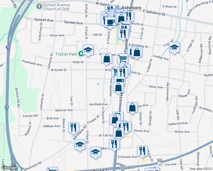 map of restaurants, bars, coffee shops, grocery stores, and more near 727 South Church Street in Asheboro