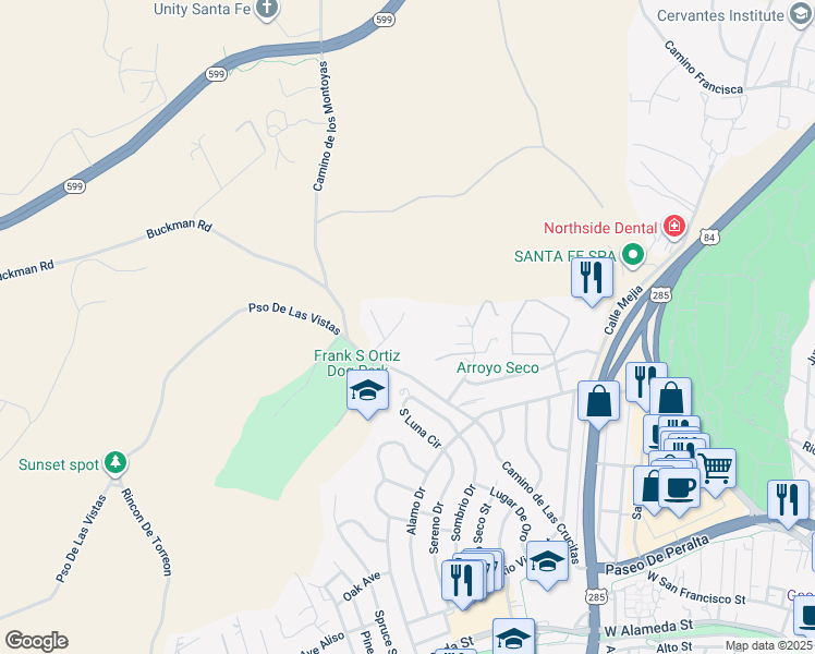map of restaurants, bars, coffee shops, grocery stores, and more near 408 Graham Avenue in Santa Fe