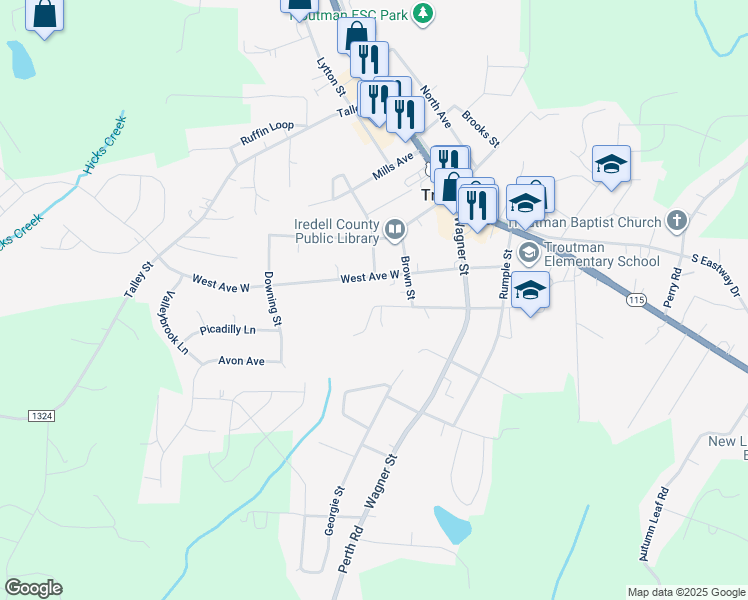 map of restaurants, bars, coffee shops, grocery stores, and more near 238 West Thomas Street in Troutman