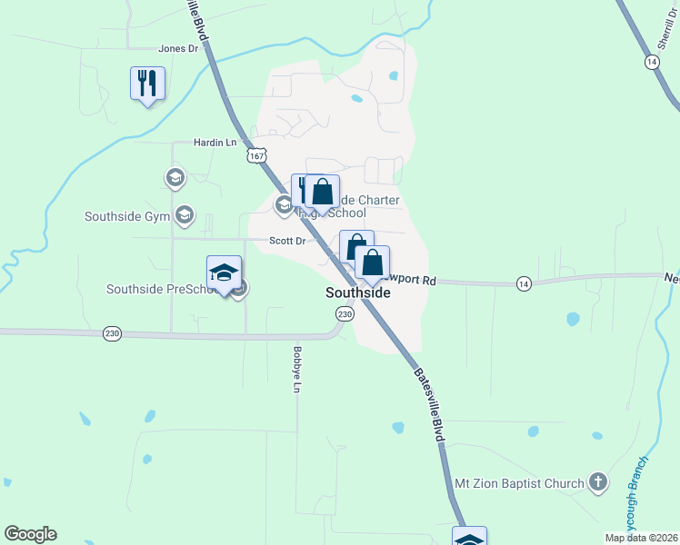 map of restaurants, bars, coffee shops, grocery stores, and more near in Southside