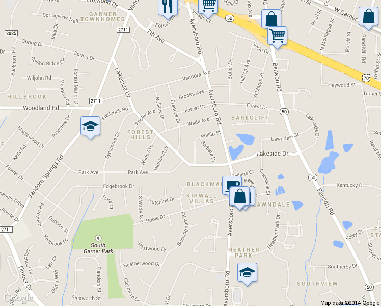 map of restaurants, bars, coffee shops, grocery stores, and more near 1010 Phillip Street in Garner