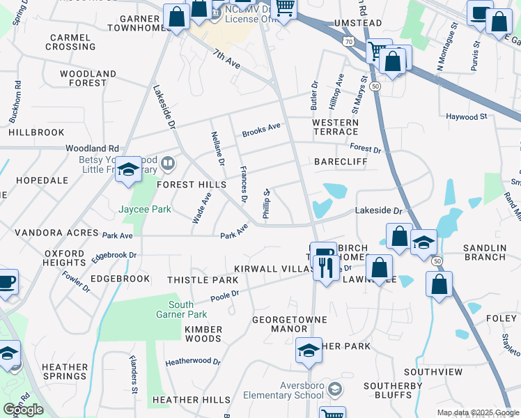 map of restaurants, bars, coffee shops, grocery stores, and more near 1010 Phillip Street in Garner