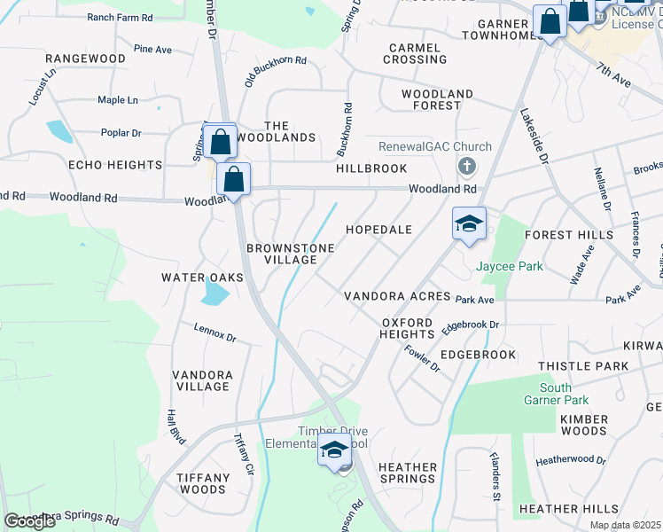 map of restaurants, bars, coffee shops, grocery stores, and more near 1419 Valley Road in Garner