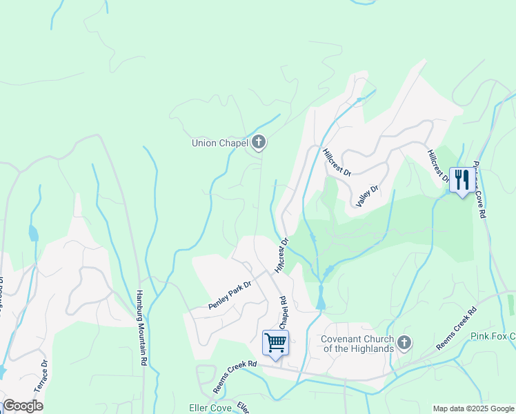 map of restaurants, bars, coffee shops, grocery stores, and more near Union Chapel Road in Weaverville