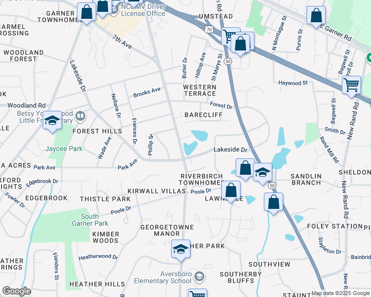 map of restaurants, bars, coffee shops, grocery stores, and more near 1105 Aversboro Rd in Garner