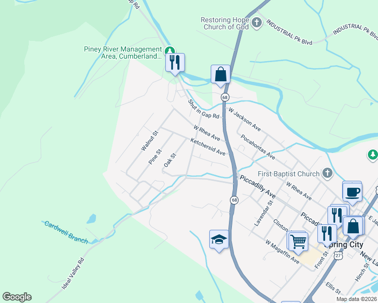 map of restaurants, bars, coffee shops, grocery stores, and more near 145 Oak Street in Spring City