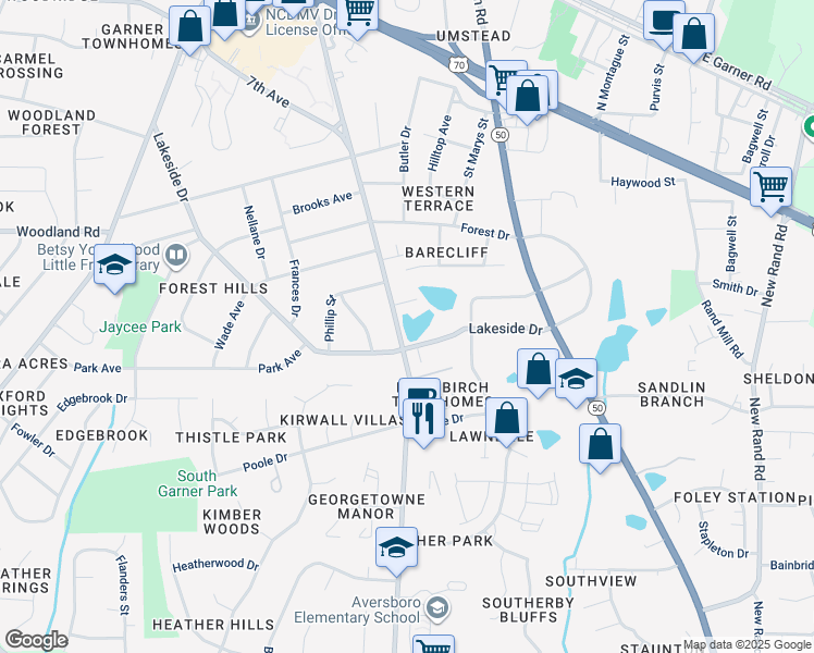 map of restaurants, bars, coffee shops, grocery stores, and more near 1105 Aversboro Rd in Garner