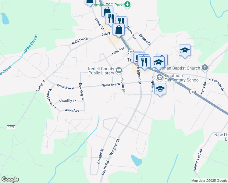map of restaurants, bars, coffee shops, grocery stores, and more near 238 West Thomas Street in Troutman
