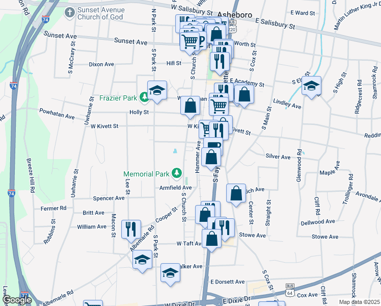map of restaurants, bars, coffee shops, grocery stores, and more near 721 South Church Street in Asheboro