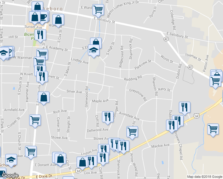 map of restaurants, bars, coffee shops, grocery stores, and more near 628 East Kivett Street in Asheboro