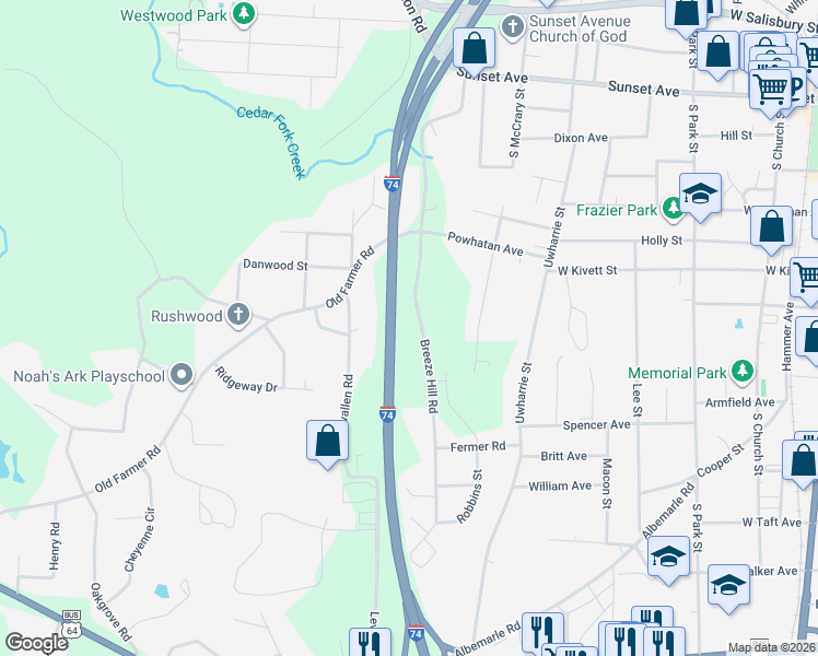 map of restaurants, bars, coffee shops, grocery stores, and more near 730 Breeze Hill Road in Asheboro