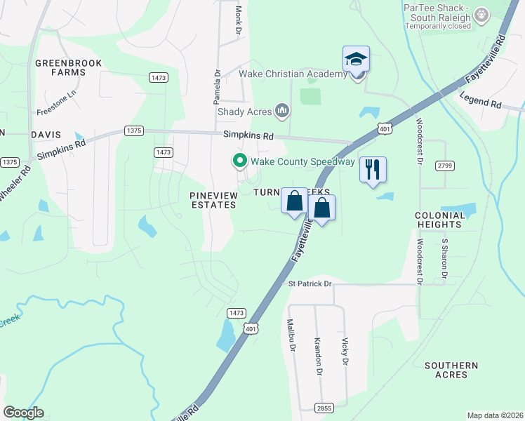 map of restaurants, bars, coffee shops, grocery stores, and more near 2119 Simpkins Road in Raleigh