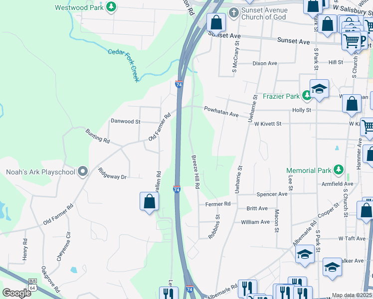 map of restaurants, bars, coffee shops, grocery stores, and more near 730 Breeze Hill Road in Asheboro