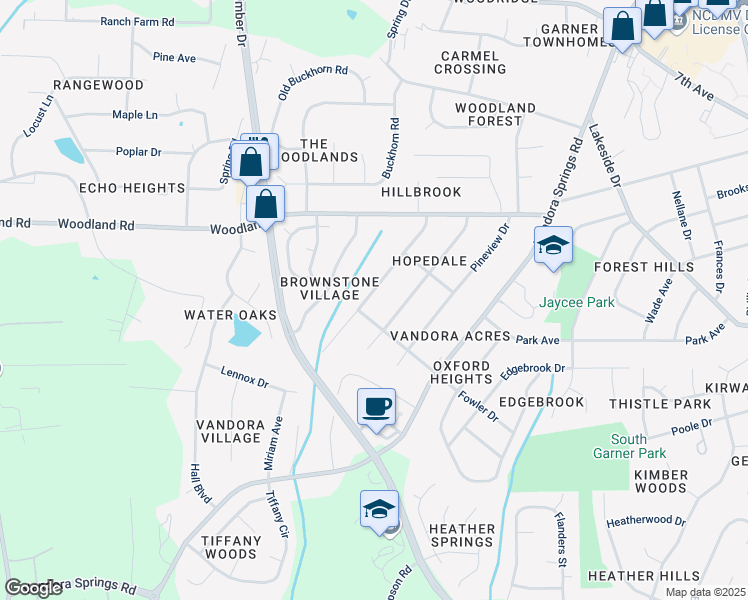 map of restaurants, bars, coffee shops, grocery stores, and more near 1419 Valley Road in Garner