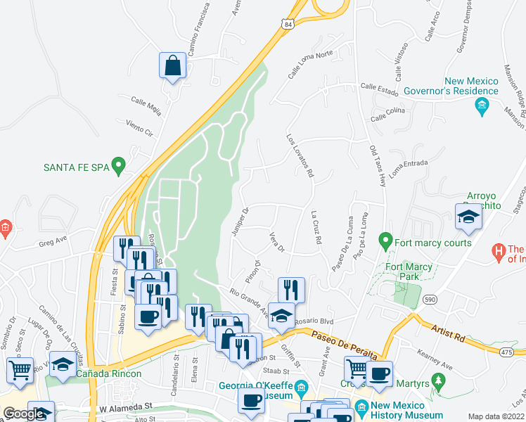 map of restaurants, bars, coffee shops, grocery stores, and more near 719 Juniper Drive in Santa Fe