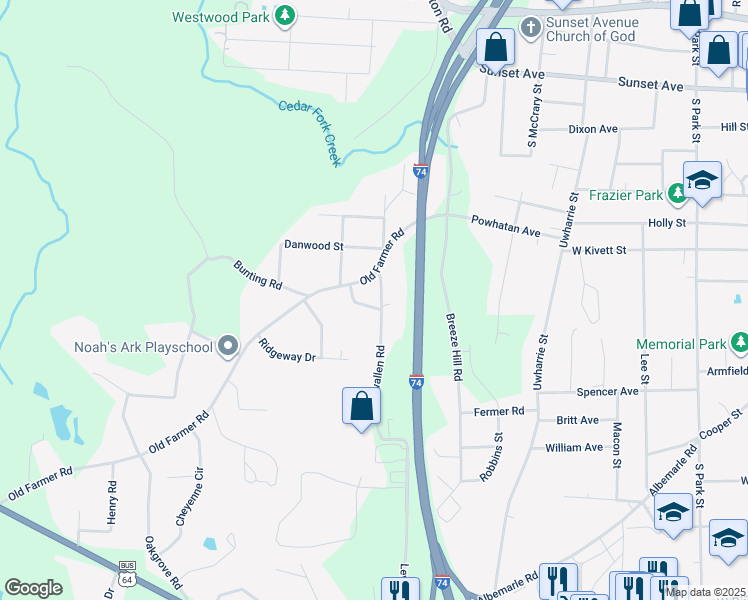 map of restaurants, bars, coffee shops, grocery stores, and more near 611 Lewallen Road in Asheboro