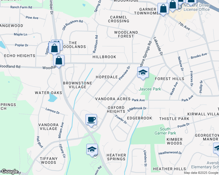 map of restaurants, bars, coffee shops, grocery stores, and more near 1402 Pineview Drive in Garner