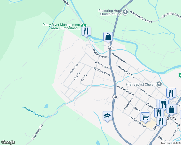 map of restaurants, bars, coffee shops, grocery stores, and more near 145 Oak St in Spring City