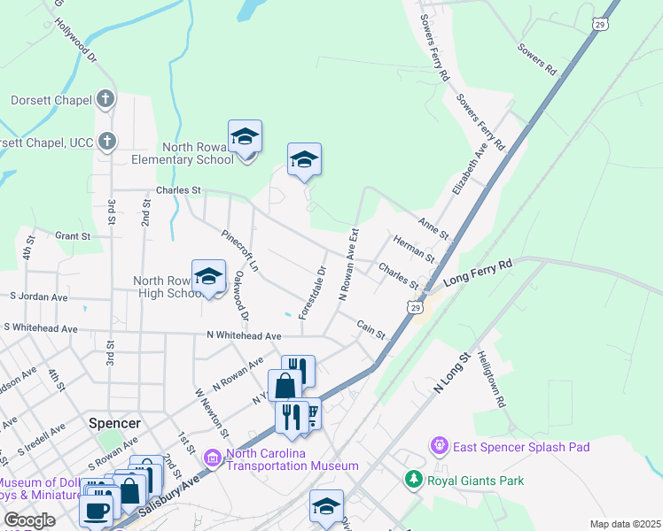 map of restaurants, bars, coffee shops, grocery stores, and more near 420 Forestdale Dr in Spencer