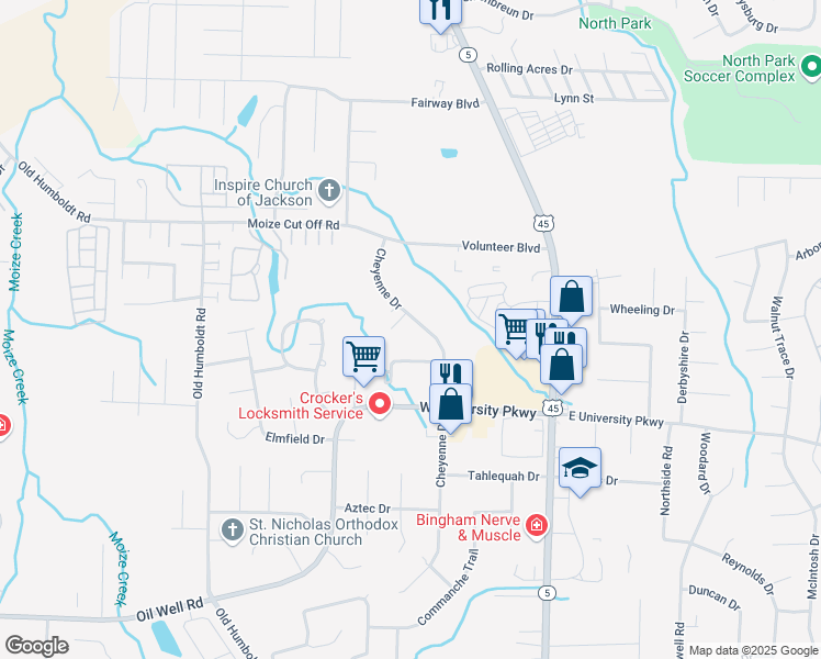 map of restaurants, bars, coffee shops, grocery stores, and more near 415 Cheyenne Drive in Jackson