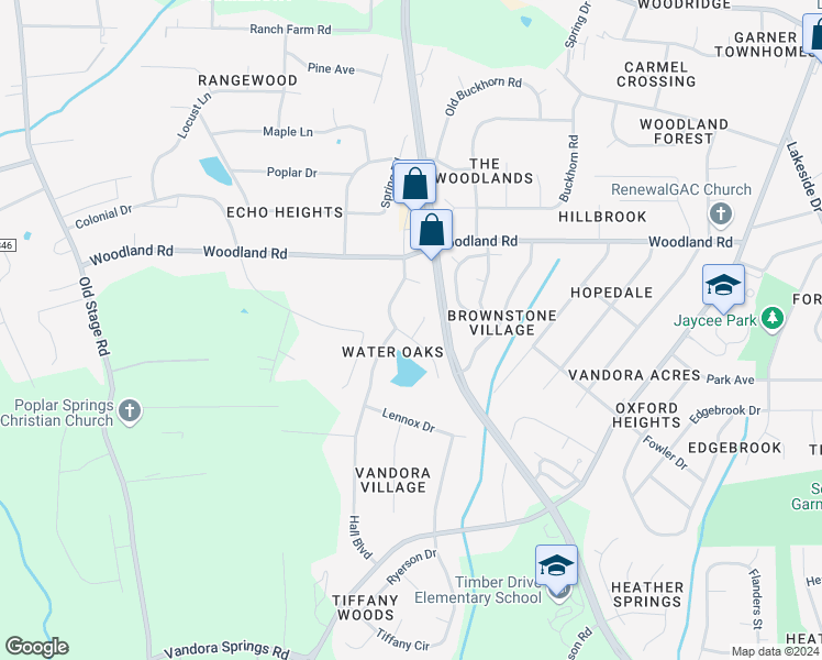 map of restaurants, bars, coffee shops, grocery stores, and more near 905 Oakwater Drive in Garner