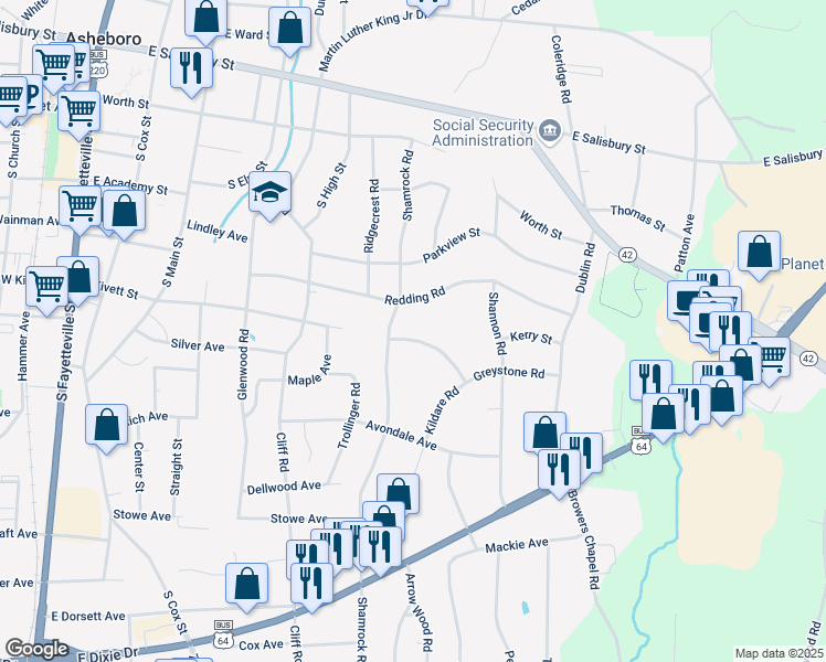 map of restaurants, bars, coffee shops, grocery stores, and more near 805 Greystone Road in Asheboro