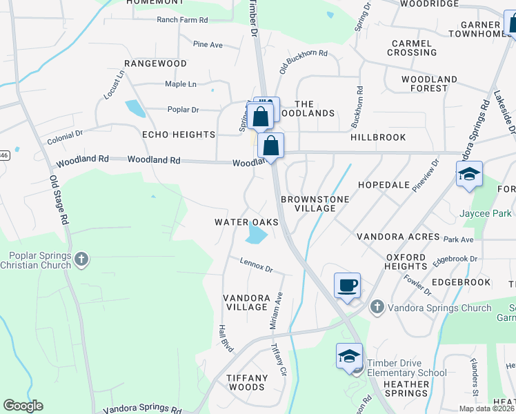 map of restaurants, bars, coffee shops, grocery stores, and more near 1638 Hall Boulevard in Garner