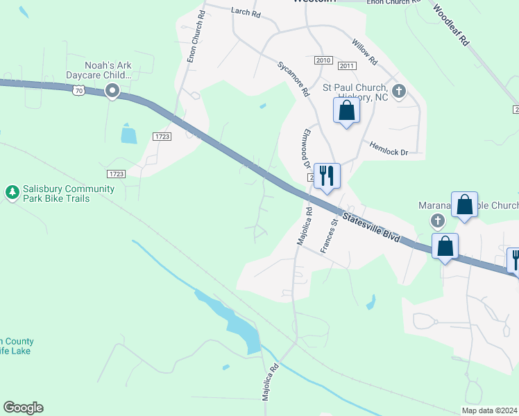 map of restaurants, bars, coffee shops, grocery stores, and more near 400 Woodland Creek Drive in Salisbury