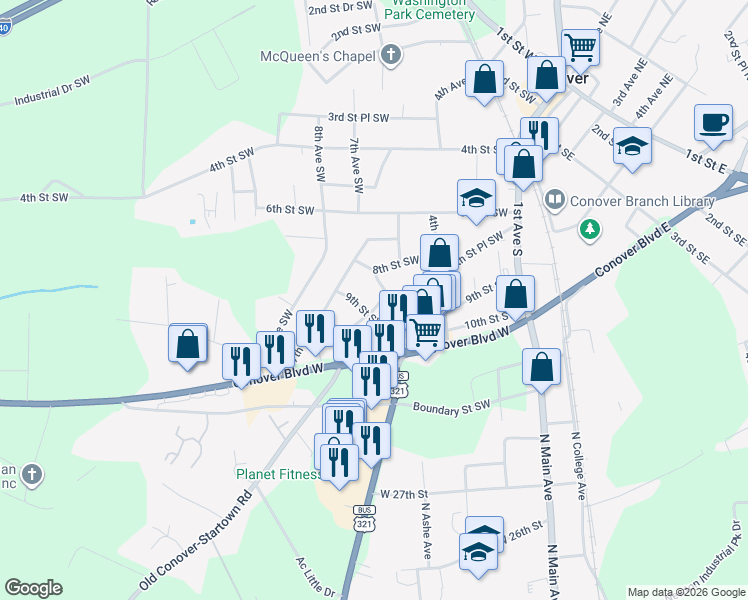 map of restaurants, bars, coffee shops, grocery stores, and more near 808 6th Avenue Southwest in Conover