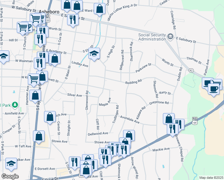 map of restaurants, bars, coffee shops, grocery stores, and more near 628 East Kivett Street in Asheboro