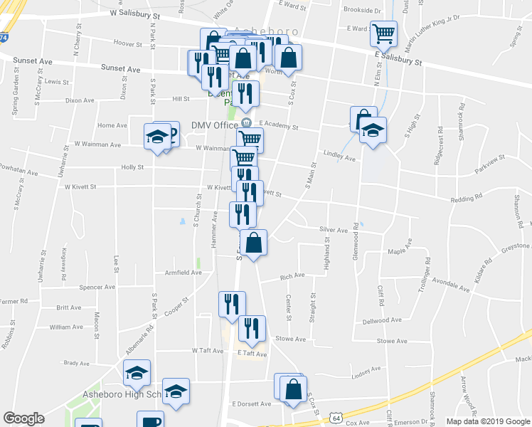 map of restaurants, bars, coffee shops, grocery stores, and more near 719 South Cox Street in Asheboro