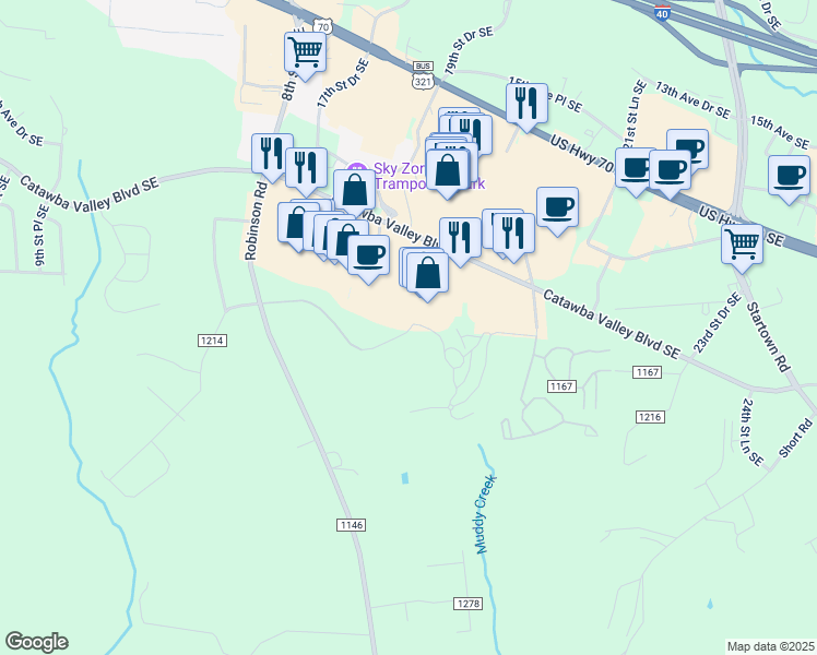 map of restaurants, bars, coffee shops, grocery stores, and more near 2000-2026 Valley Arbors Drive in Hickory