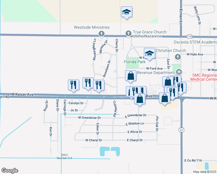 map of restaurants, bars, coffee shops, grocery stores, and more near 103 Margaret Drive in Osceola