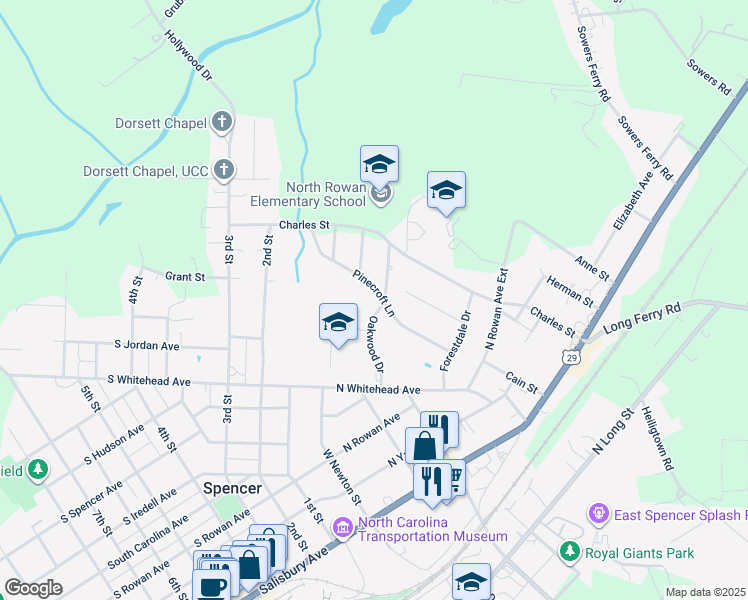 map of restaurants, bars, coffee shops, grocery stores, and more near 301 Pinecroft Lane in Spencer