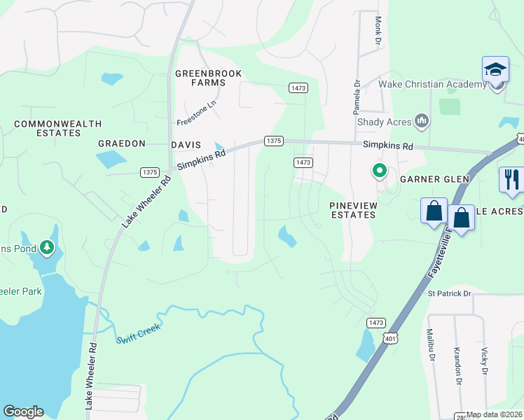 map of restaurants, bars, coffee shops, grocery stores, and more near 5818-6514 Horseshoe Drive in Raleigh