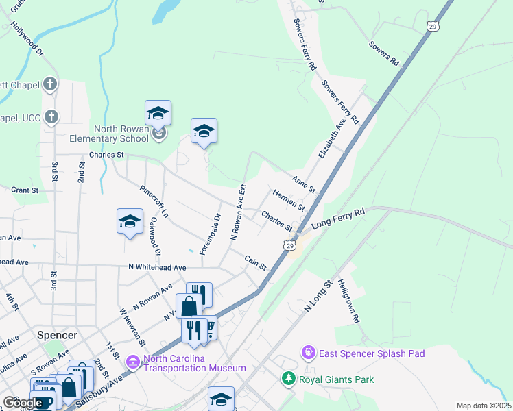 map of restaurants, bars, coffee shops, grocery stores, and more near 300 Charles Street in Spencer