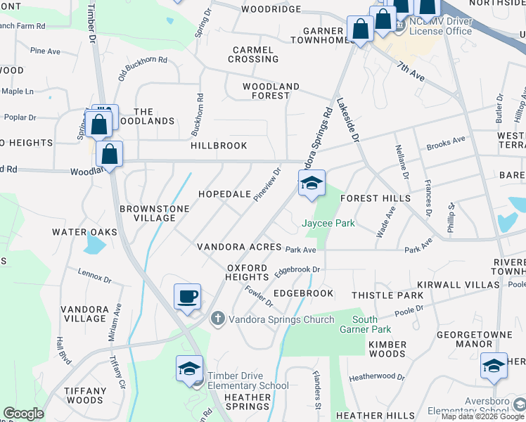 map of restaurants, bars, coffee shops, grocery stores, and more near 1330 Vandora Springs Road in Garner