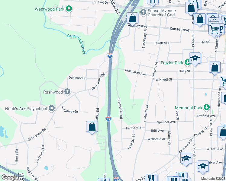 map of restaurants, bars, coffee shops, grocery stores, and more near 730 Breeze Hill Road in Asheboro