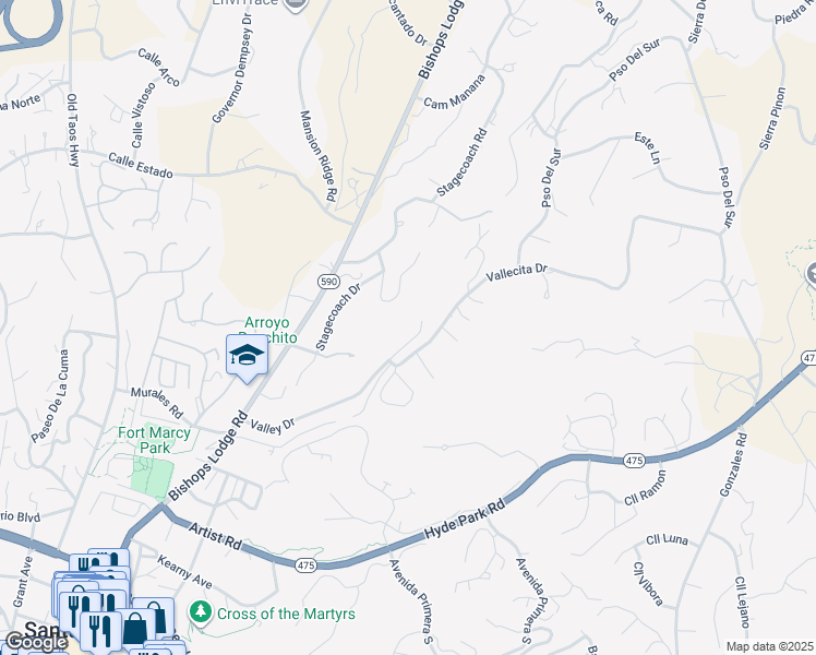 map of restaurants, bars, coffee shops, grocery stores, and more near 168 Valley Drive in Santa Fe