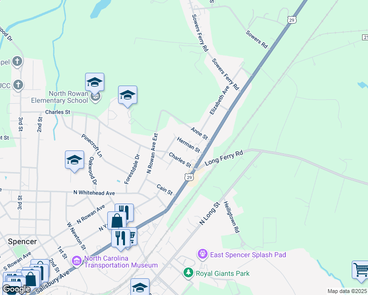 map of restaurants, bars, coffee shops, grocery stores, and more near 115 Herman Street in Spencer